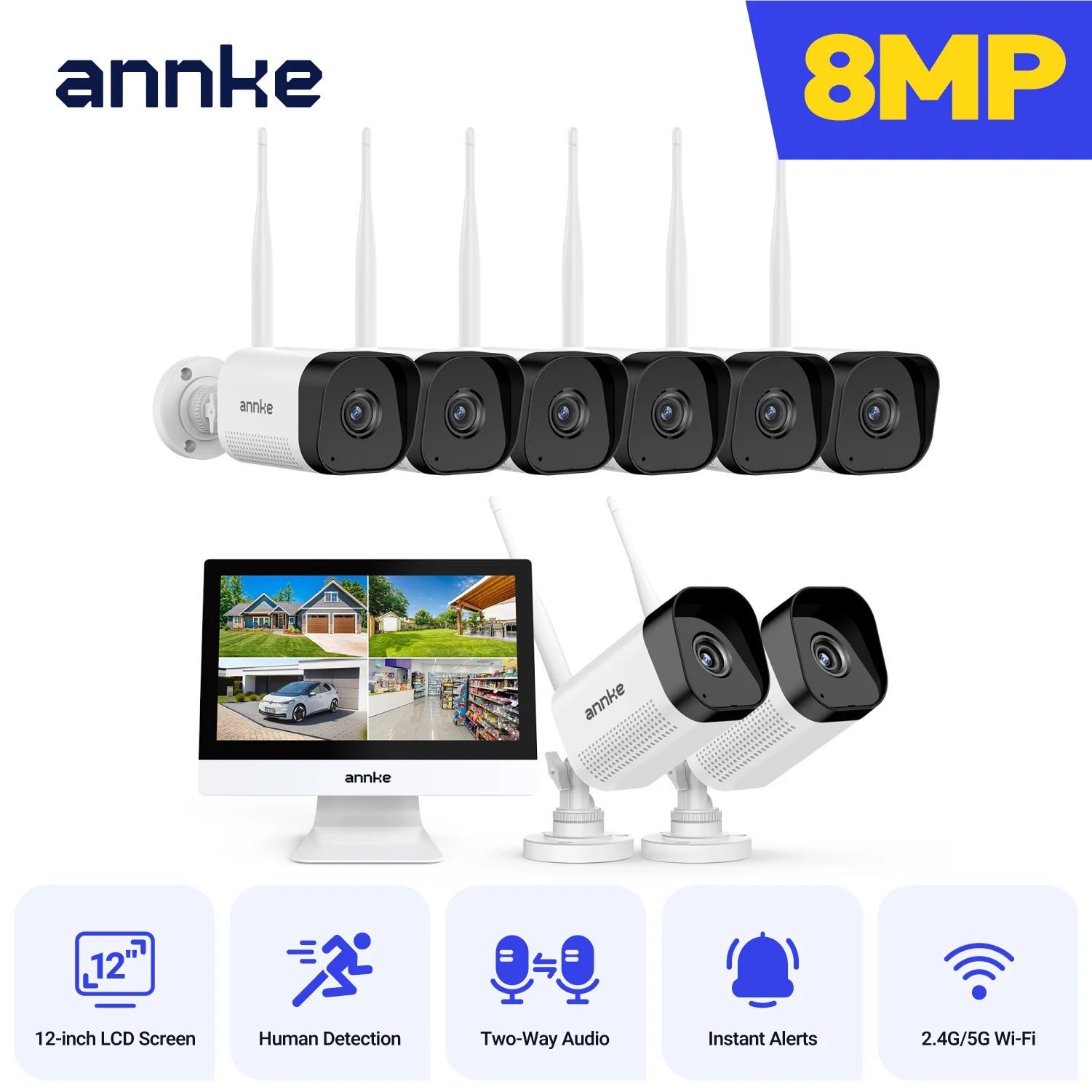 ANNKE 8MP 4K brezžični CCTV sistem | 10-kanalni NVR, dvopasovni WiFi, dvosmerni zvok, IR nočni vid