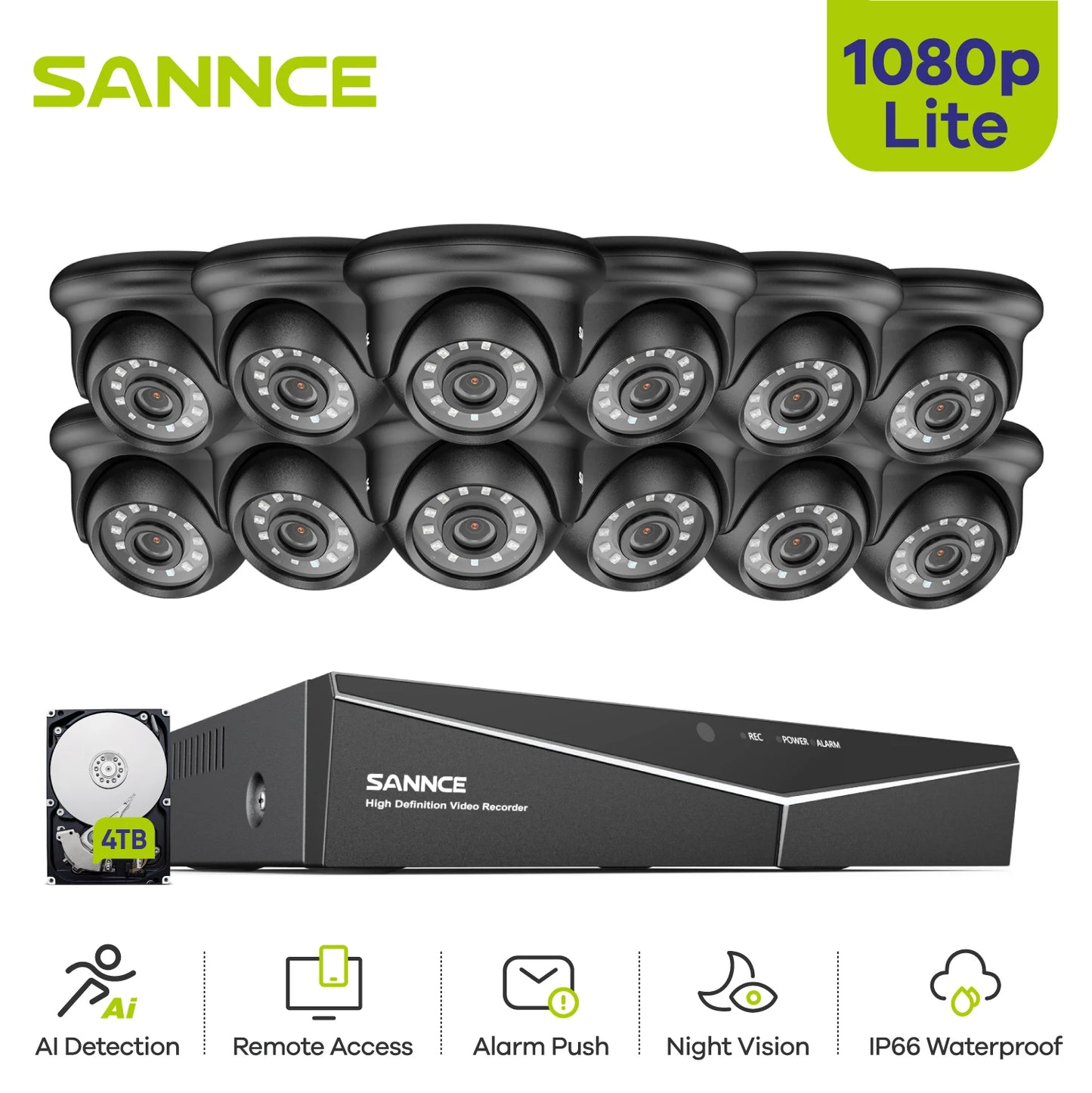 SANNCE 1080N 16-kanalni DVR CCTV sistem | 12× 1080P kamer, vodoodporne za zunanjo uporabo, oddaljeni dostop P2P