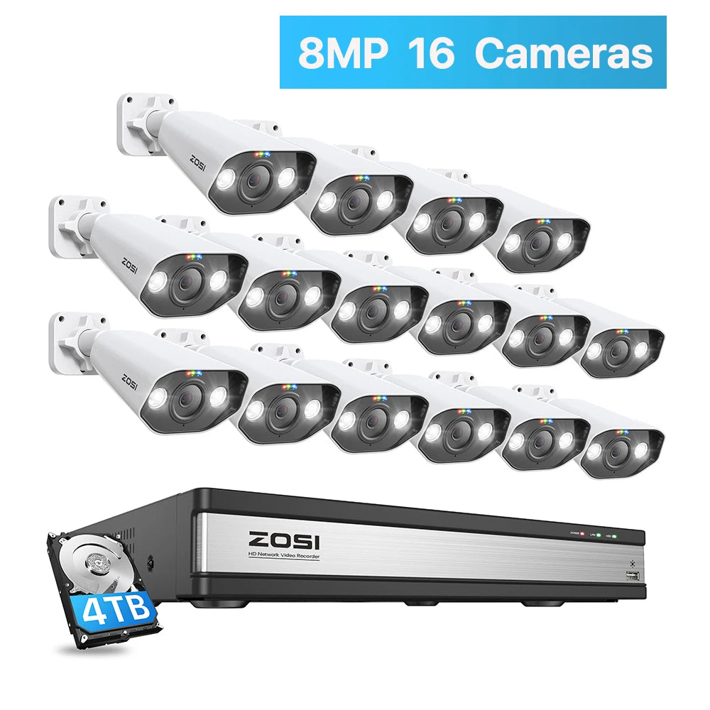 ZOSI 16-kanalni 4K PoE varnostni sistem s kamerami – 8MP/5MP zunanje IP kamere z zaznavanjem oseb in vozil z umetno inteligenco