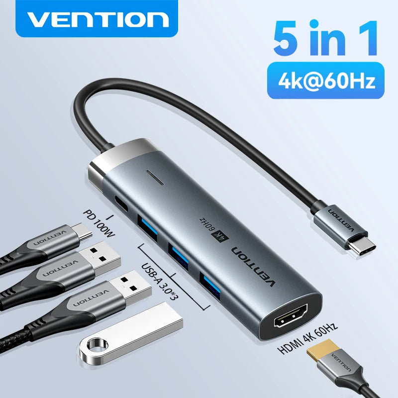 Vention 5-v-1 USB-C Hub | 4K60Hz HDMI, USB 3.0, PD100W Večportni priklop za MacBook & Android