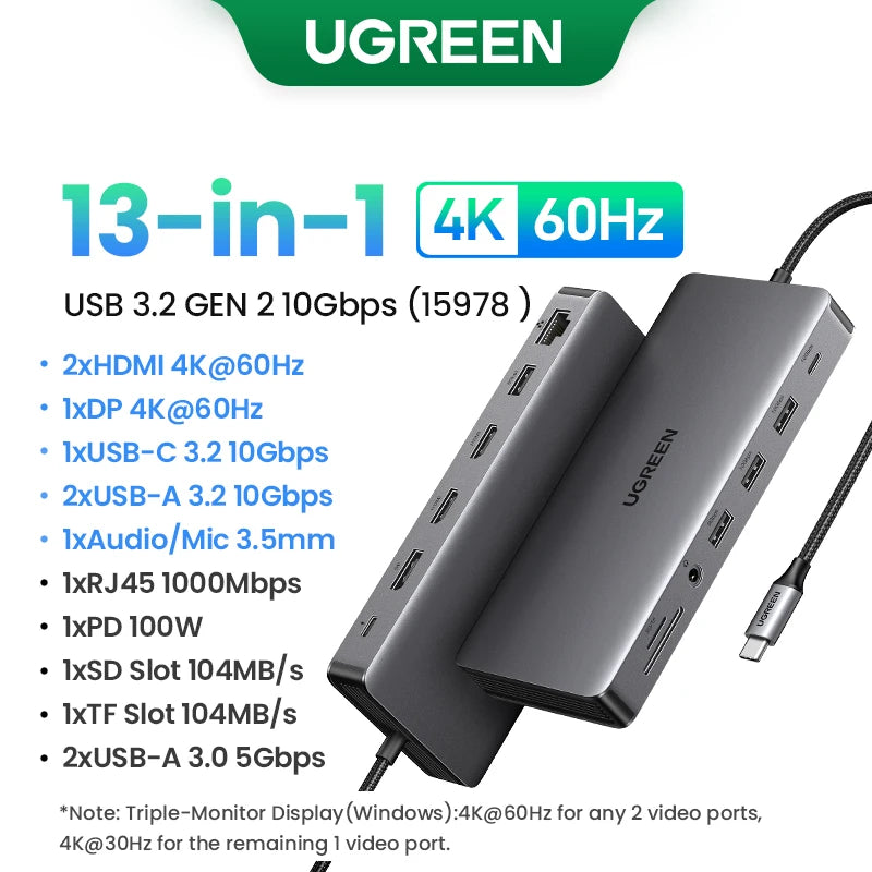 UGREEN 10-v-1 dvojni HDMI USB-C hub z izhodom 8K in 4K, gigabitnim Ethernetom, USB 3.0, PD100W