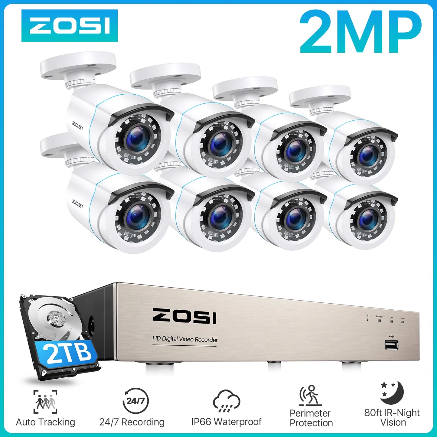 Žični varnostni sistem s kamerami ZOSI 8CH 1080p – H.265+ DVR z 8 zunanjimi kamerami CCTV 2MP