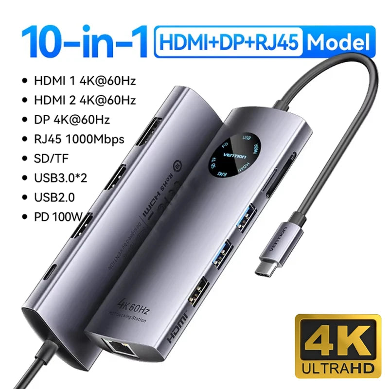 Vention USB‑C 10‑in‑1 Hub | HDMI + DP 4K60Hz, RJ45, PD 100W, USB 3.0 Docking Station