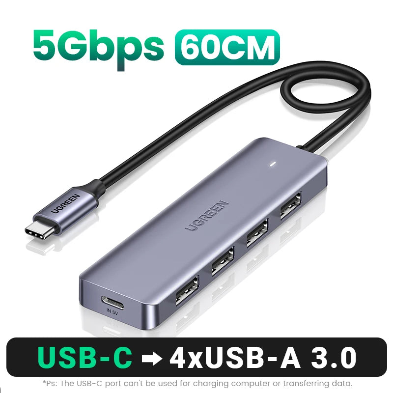 UGREEN USB‑C v USB 3.0 zvezdišče | 4-vratni visokohitrostni razdelilnik za MacBook, iPad in Samsung