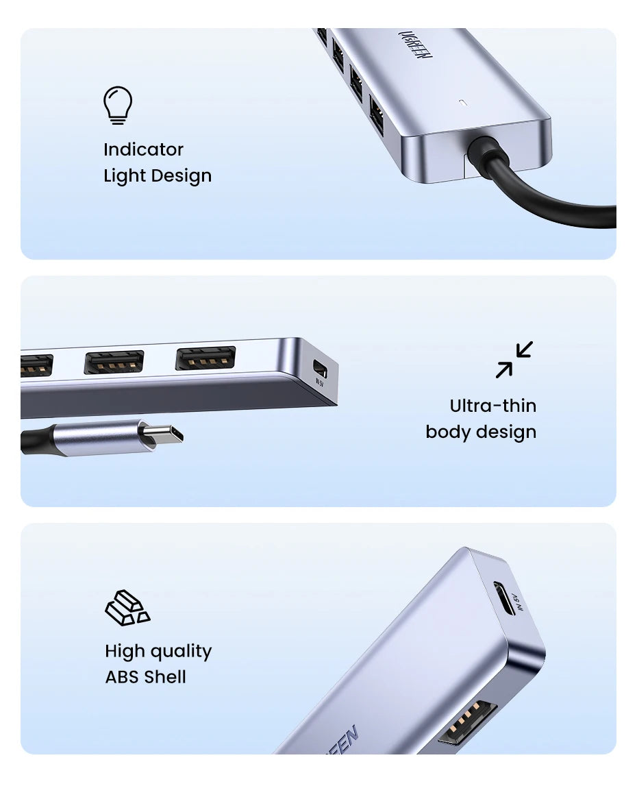UGREEN USB‑C v USB 3.0 zvezdišče | 4-vratni visokohitrostni razdelilnik za MacBook, iPad in Samsung