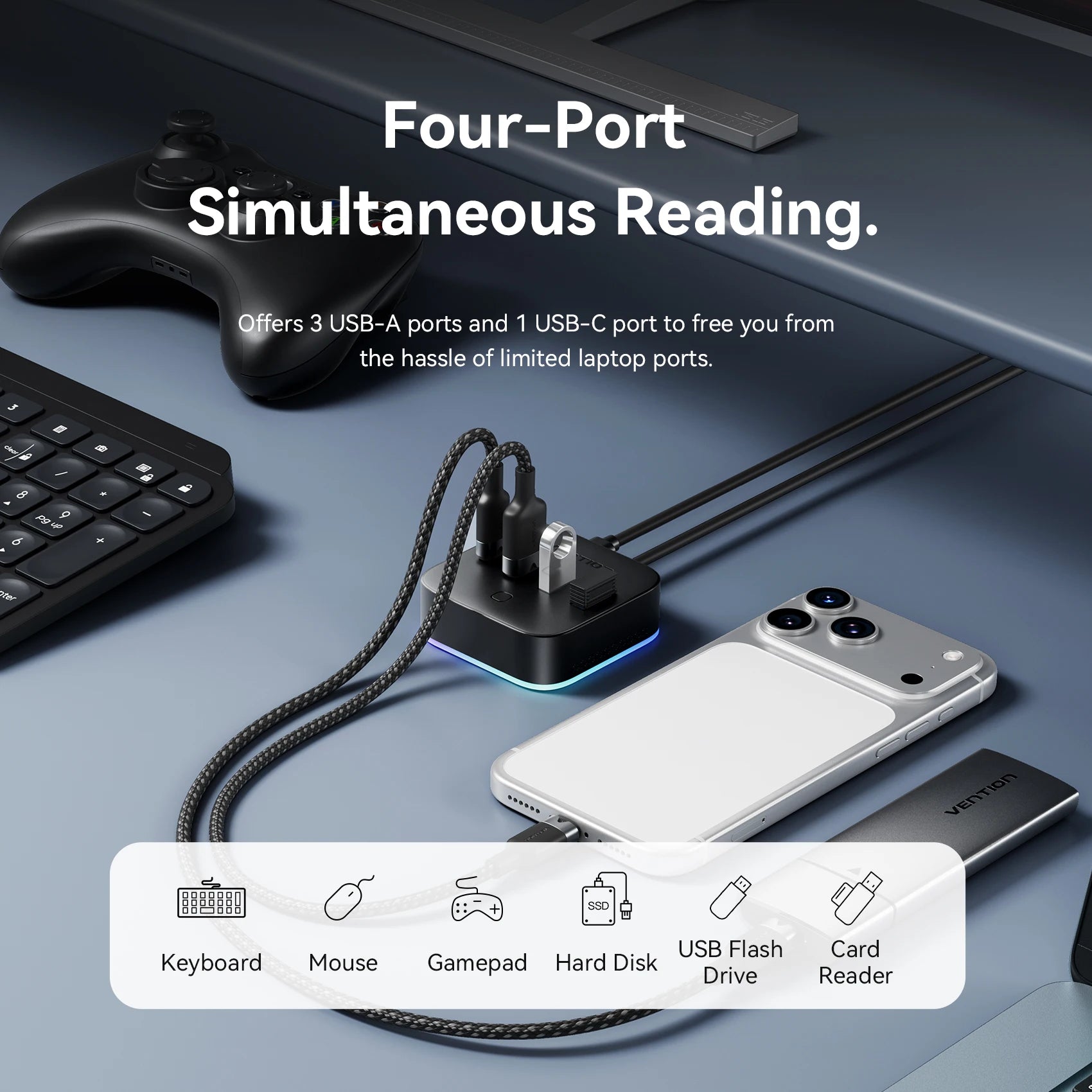Vention USB 3.0 / USB-C 3.2 Gen1 RGB zvezdišče | 4-portni 5Gbps namizni razdelilnik za PC in prenosnik