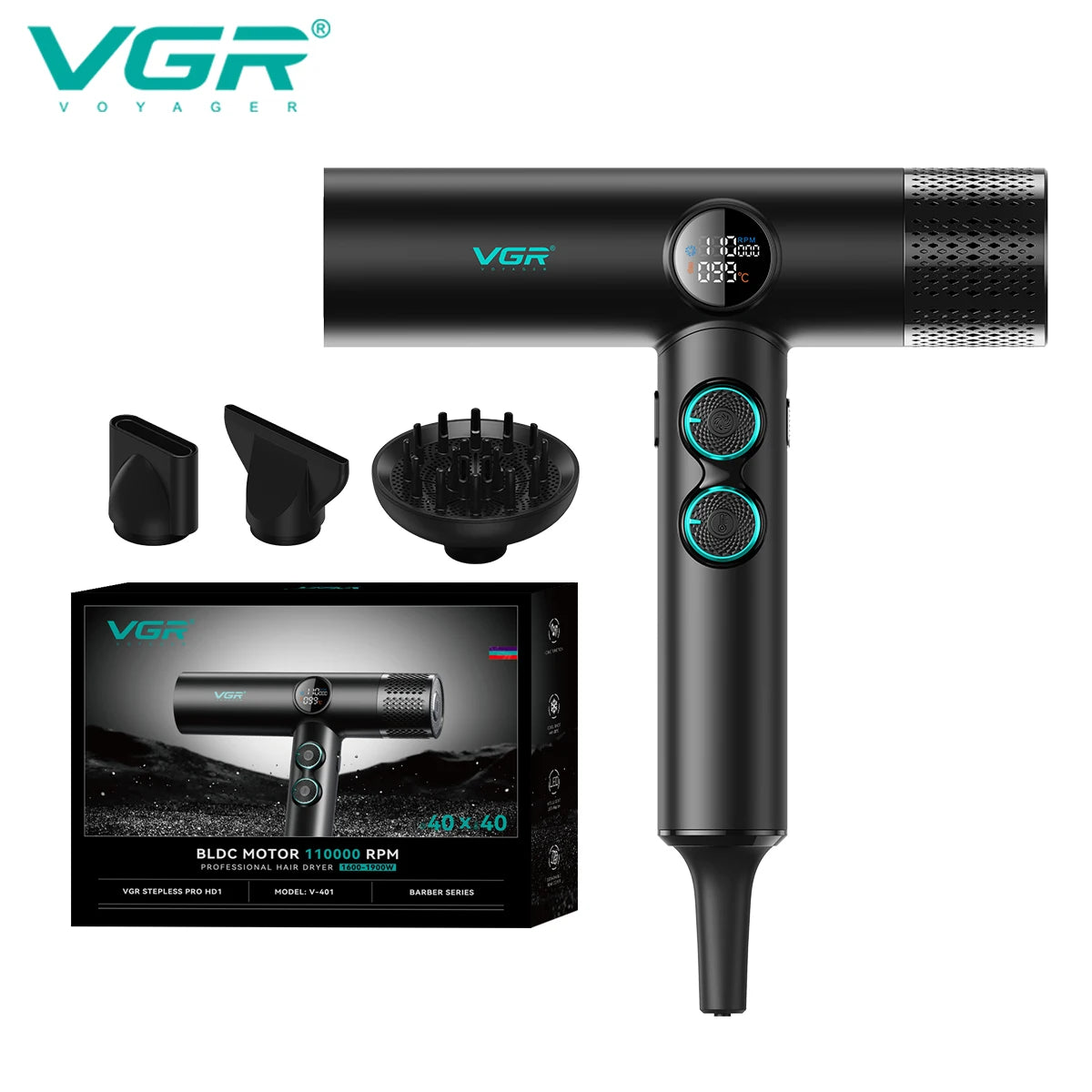 VGR V-401 Professional Hair Dryer – 110,000 RPM BLDC, 1900W, 40+40 Settings