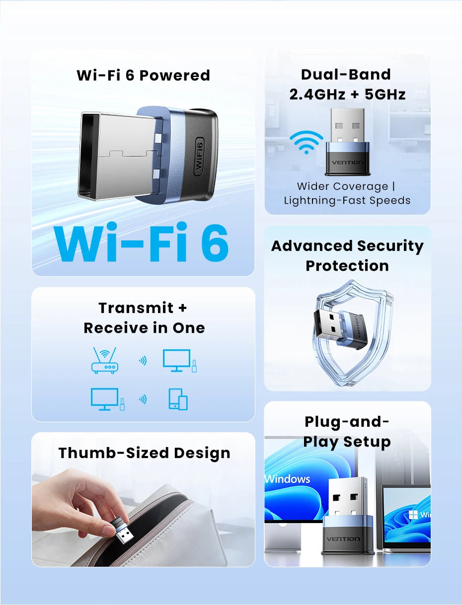 Vention WiFi 6 AX900 USB adapter | Dvopasovni 2,4/5 GHz brezžični ključek za osebni računalnik in prenosnik z operacijskim sistemom Windows