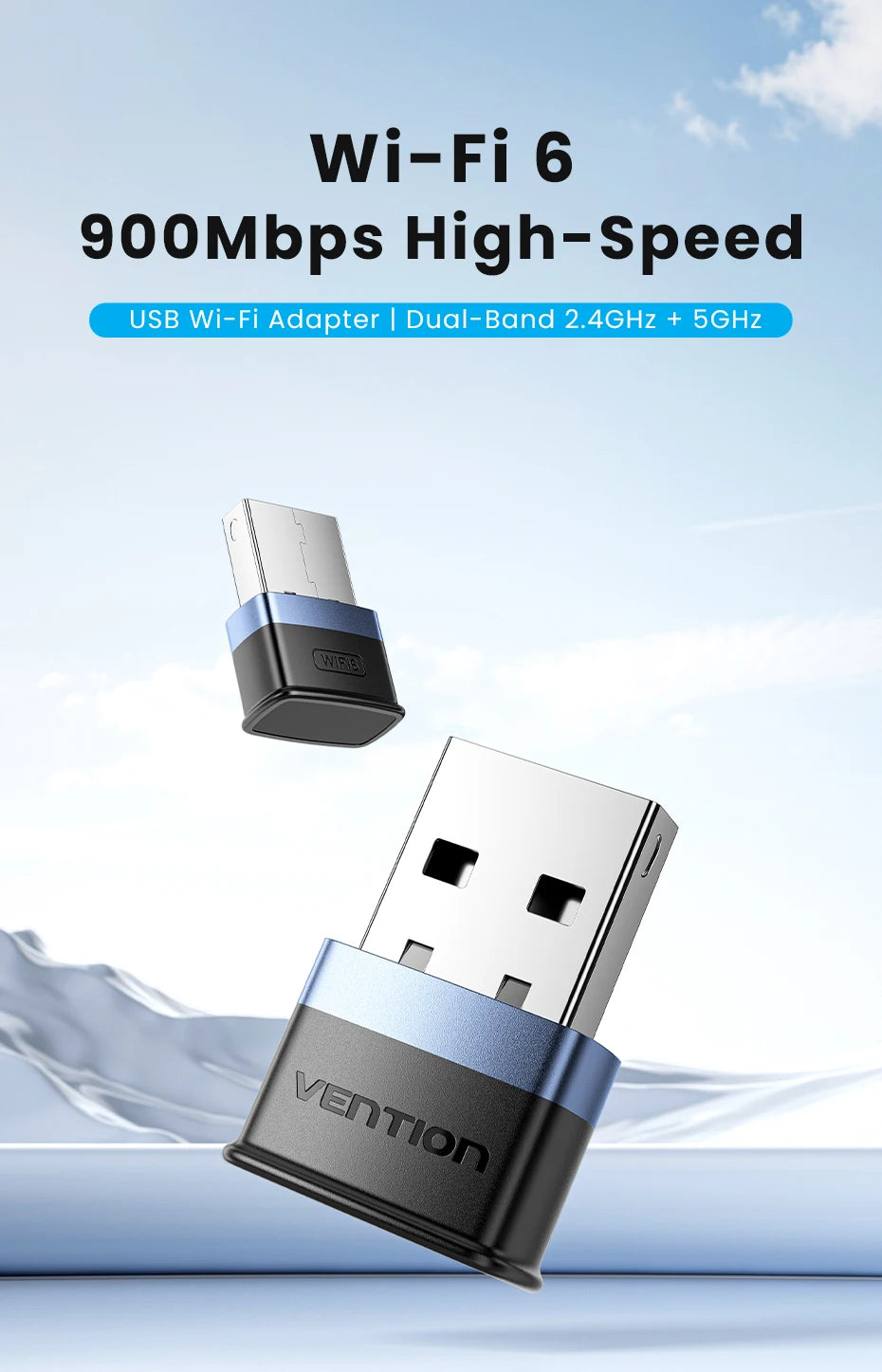 Vention WiFi 6 AX900 USB adapter | Dvopasovni 2,4/5 GHz brezžični ključek za osebni računalnik in prenosnik z operacijskim sistemom Windows