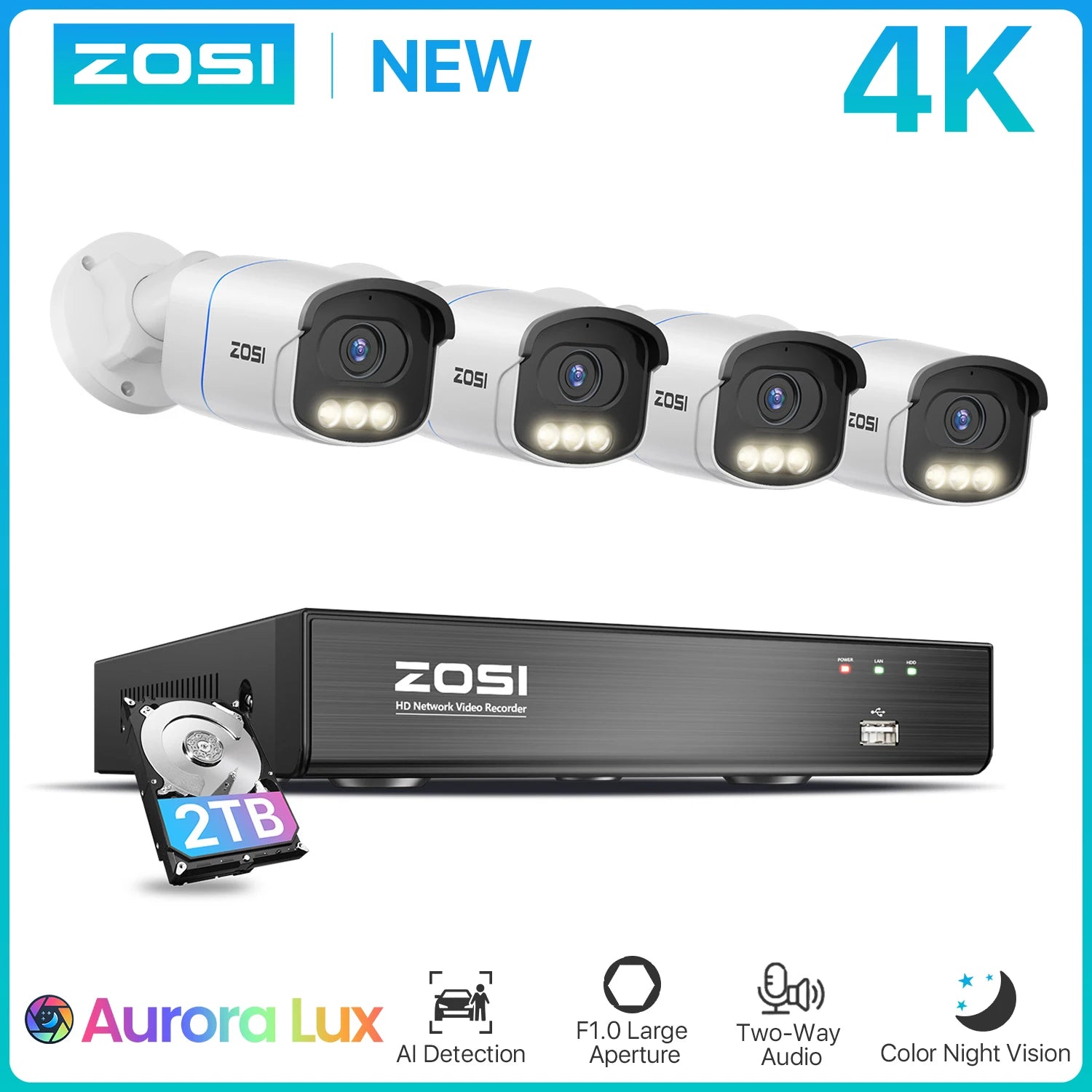 Varnostni kamerov sistem ZOSI 4K 8MP PoE – barvni nočni vid Aurora Lux | 5MP/8MP za zunanjo/notranjo uporabo