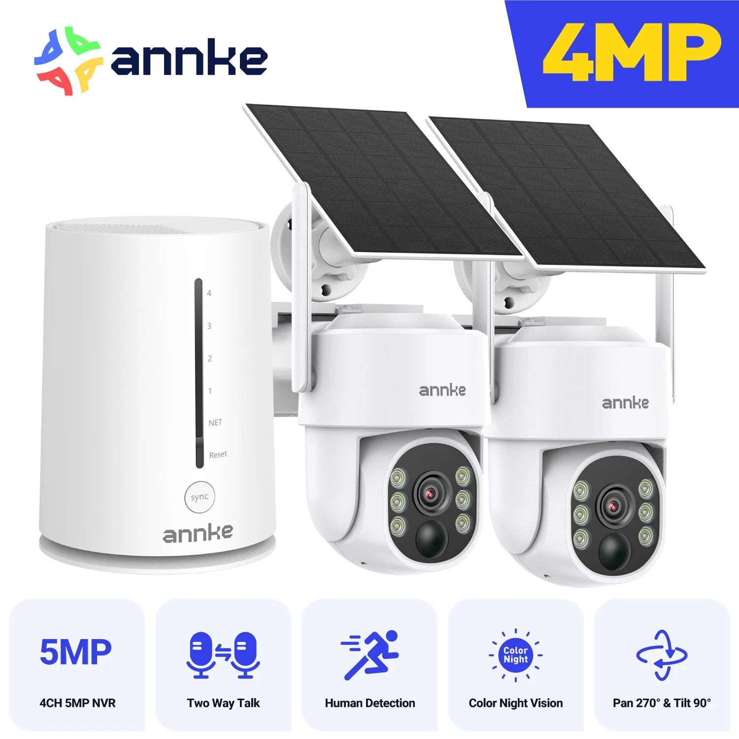 ANNKE 4MP Solar Wireless Camera System | 4CH NVR, Color Night Vision, Dual‑Band WiFi