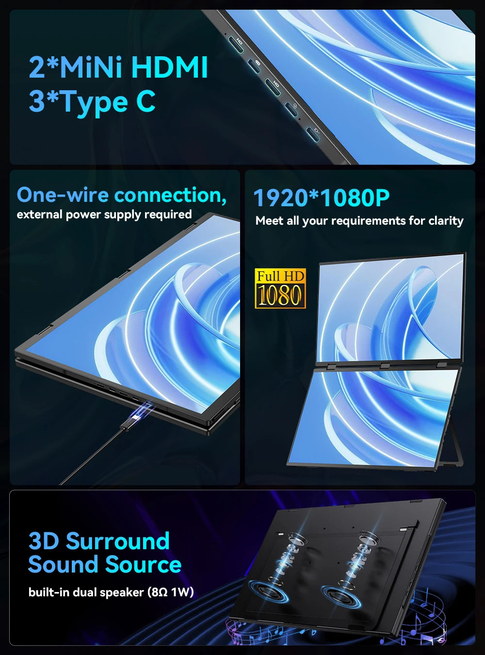 UPERFECT 18.5" Dual Screen Portable Monitor - 100Hz 100% sRGB 1080P HDR for PC, Mobile Phone, and Game Console - Limetastore