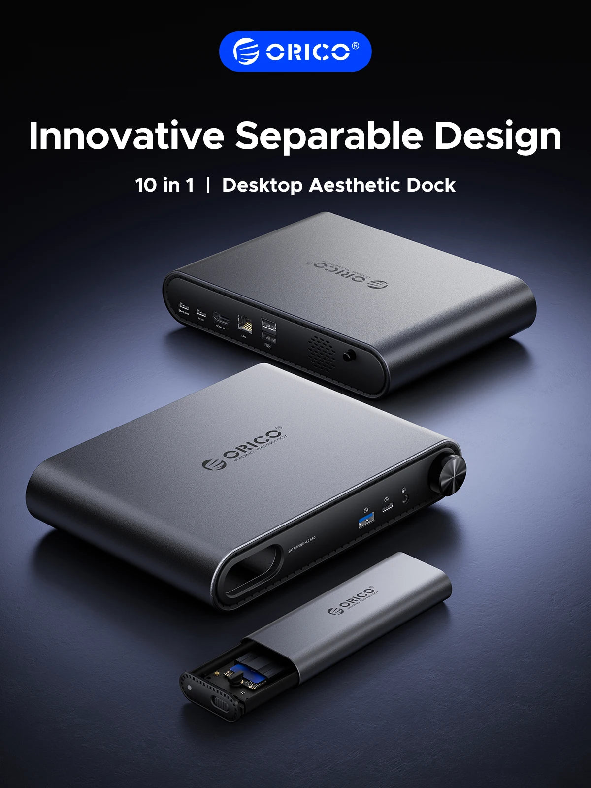 ORICO 10-v-1 USB-C priklopna postaja z ohišjem za M.2 NVMe/SATA SSD, 4K60Hz HDMI, PD100W