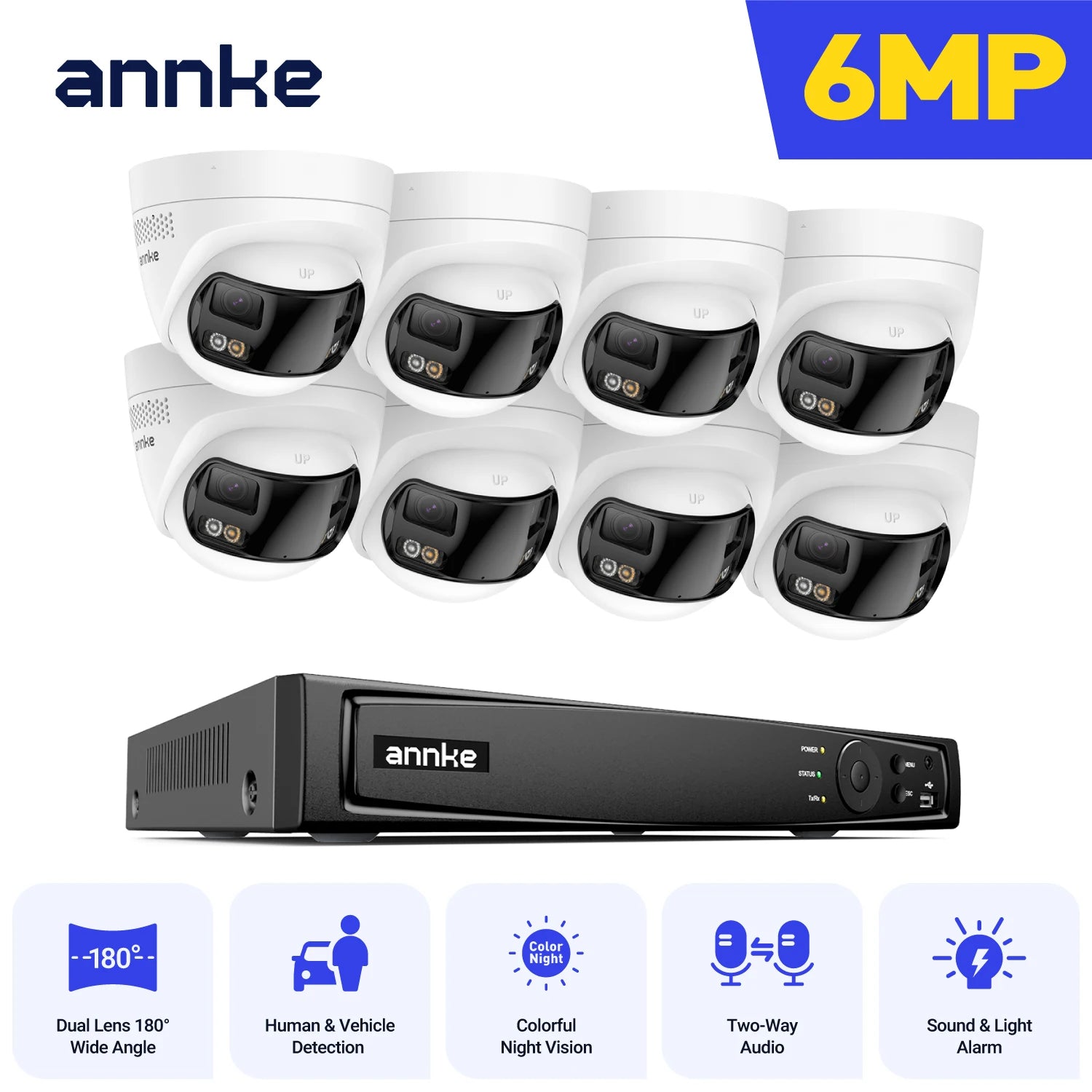 ANNKE 4K 8MP panoramski dvojni objektiv PoE sistem | 8-kanalni NVR, 180° pogled, IR nočni vid, 6MP kamere