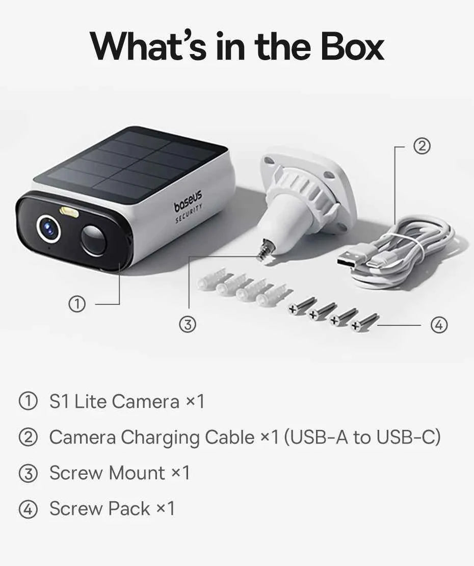 Baseus Security S1 Lite Solar Security Camera Wireless Outdoor Camera Continuous Power 2K Resolution 135°FOV IP67 Wifi Camera - Limetastore