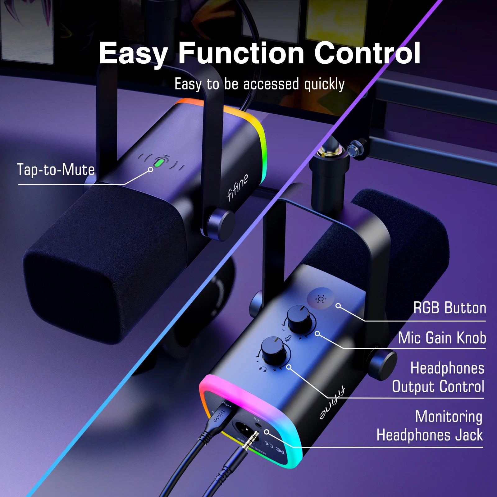 FIFINE AmpliGame AM8T USB/XLR komplet dinamičnega mikrofona z nosilno roko in RGB osvetlitvijo