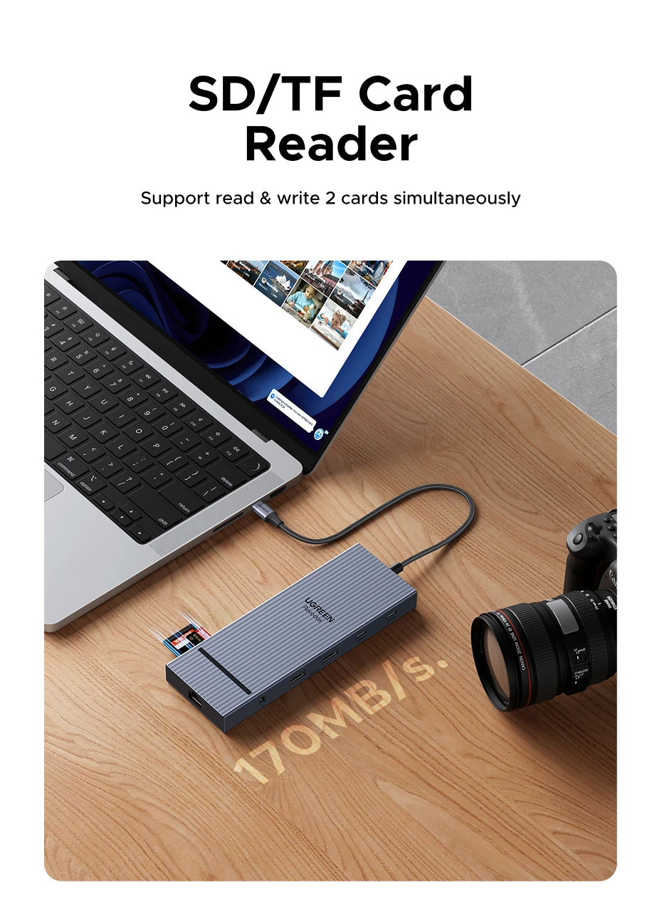 UGREEN 10‑v‑1 USB‑C zvezdišče s 4K120Hz DisplayPortom, dvojnim 4K60Hz HDMI, USB 3.2 Gen2 10Gbps