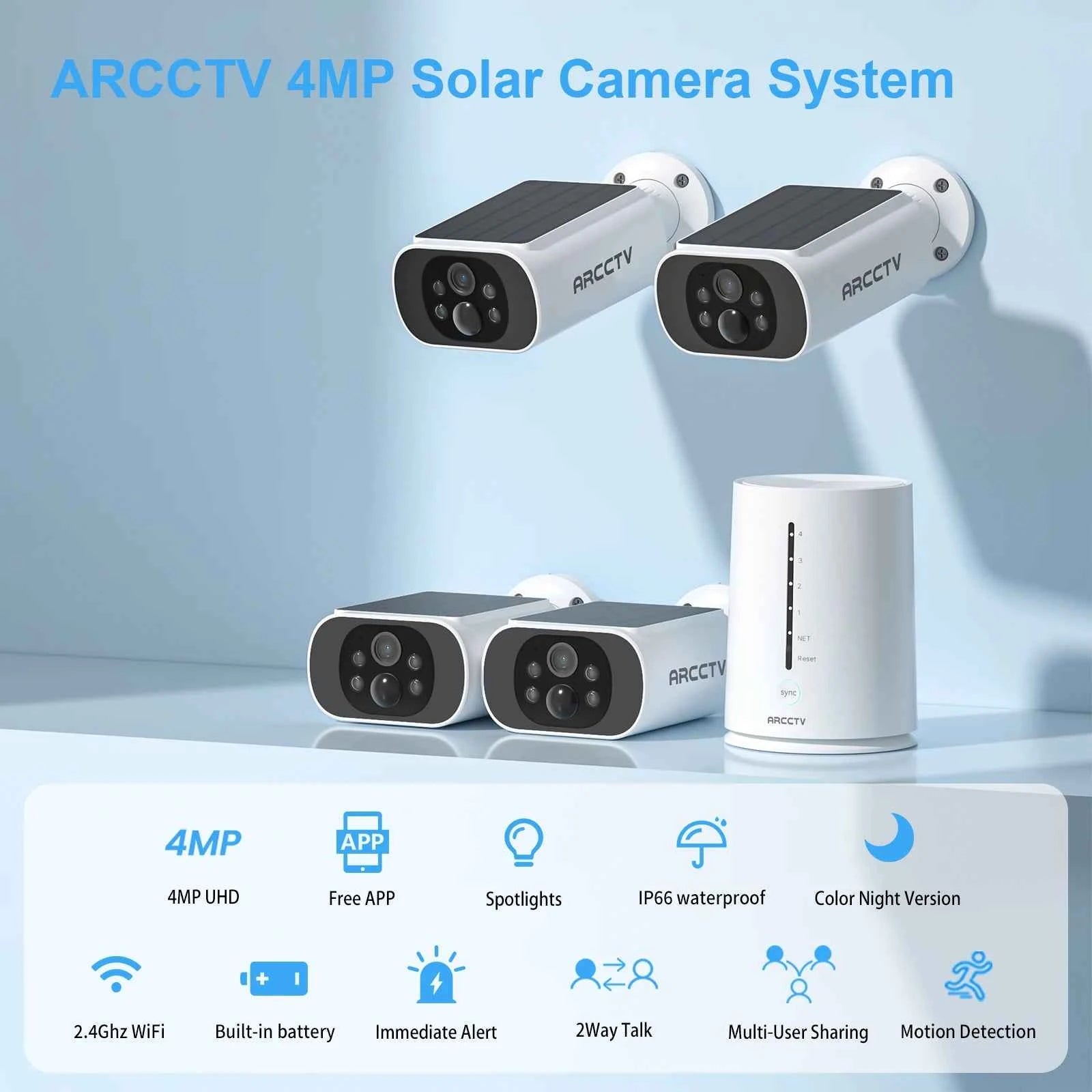 ARCCTV 4MP Wifi Solar Battery Camera Kit Surveillance Security System Humanoid Detection Siren Alarm Outdoor Wireless Camera Set - Limetastore