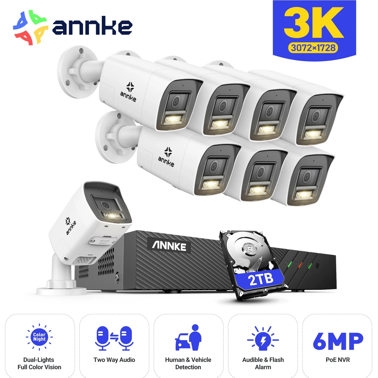 ANNKE H500 3K PoE CCTV sistem | 8-kanalni NVR, 5MP kamere z dvojno osvetlitvijo, dvosmerni zvok