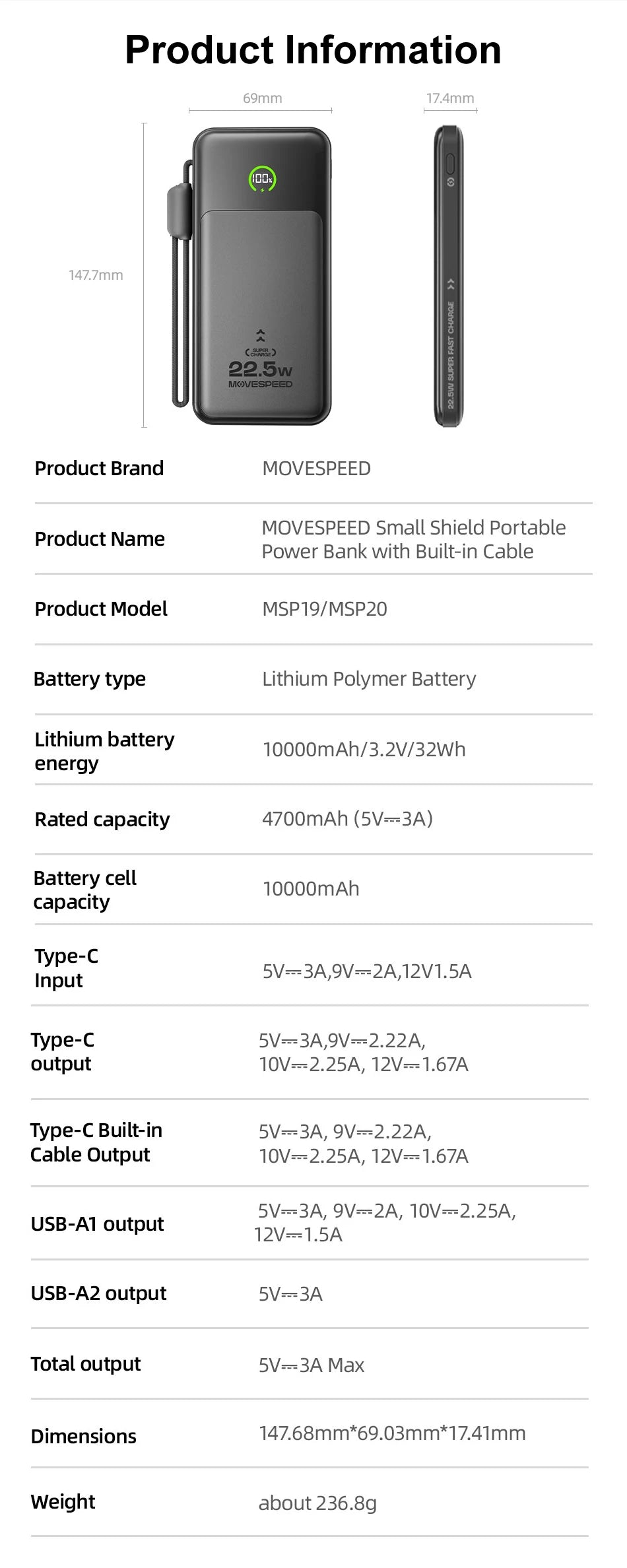 MOVESPEED 10000 mAh Power Bank poltrda baterija s kablom Type-C