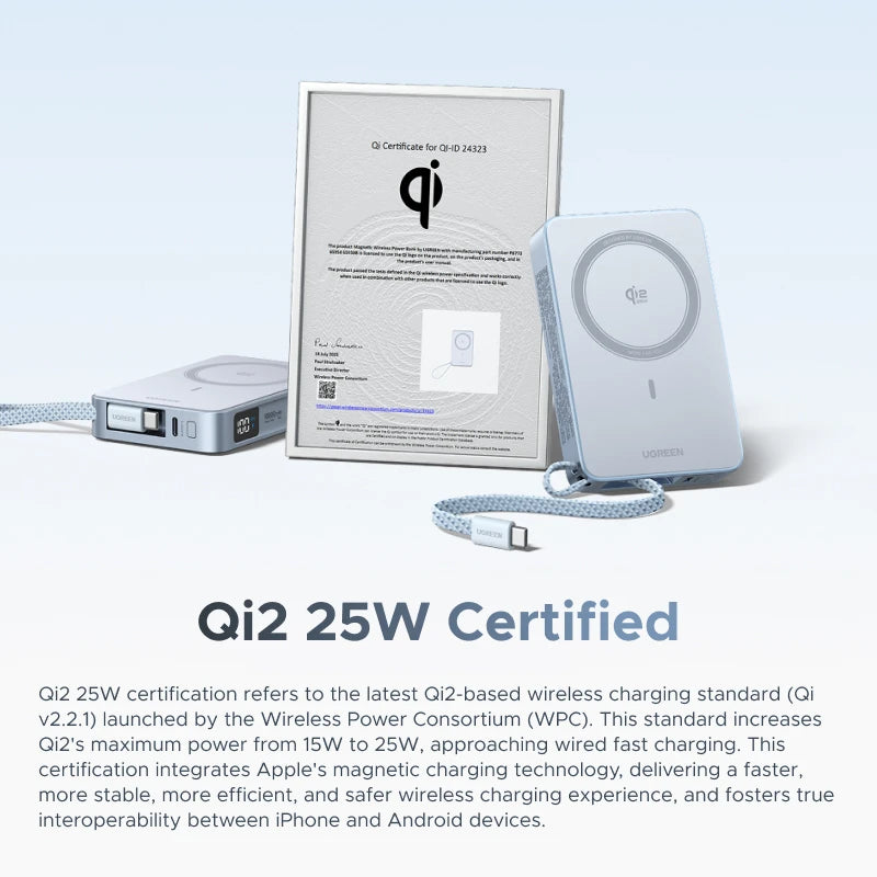 UGREEN Qi2.2 25W magnetni prenosni polnilec – 10000 mAh zunanja baterija za hitro polnjenje