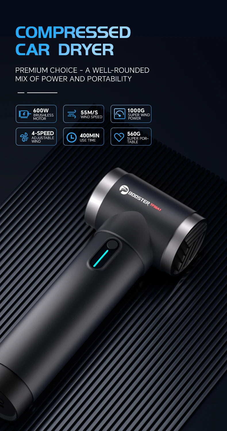 Puhalo Booster TF50 – 600 W visoko zmogljivo turbo zračno puhalo | 4-stopenjski sušilnik za avtomobile, hitrost vetra 51,8 m/s