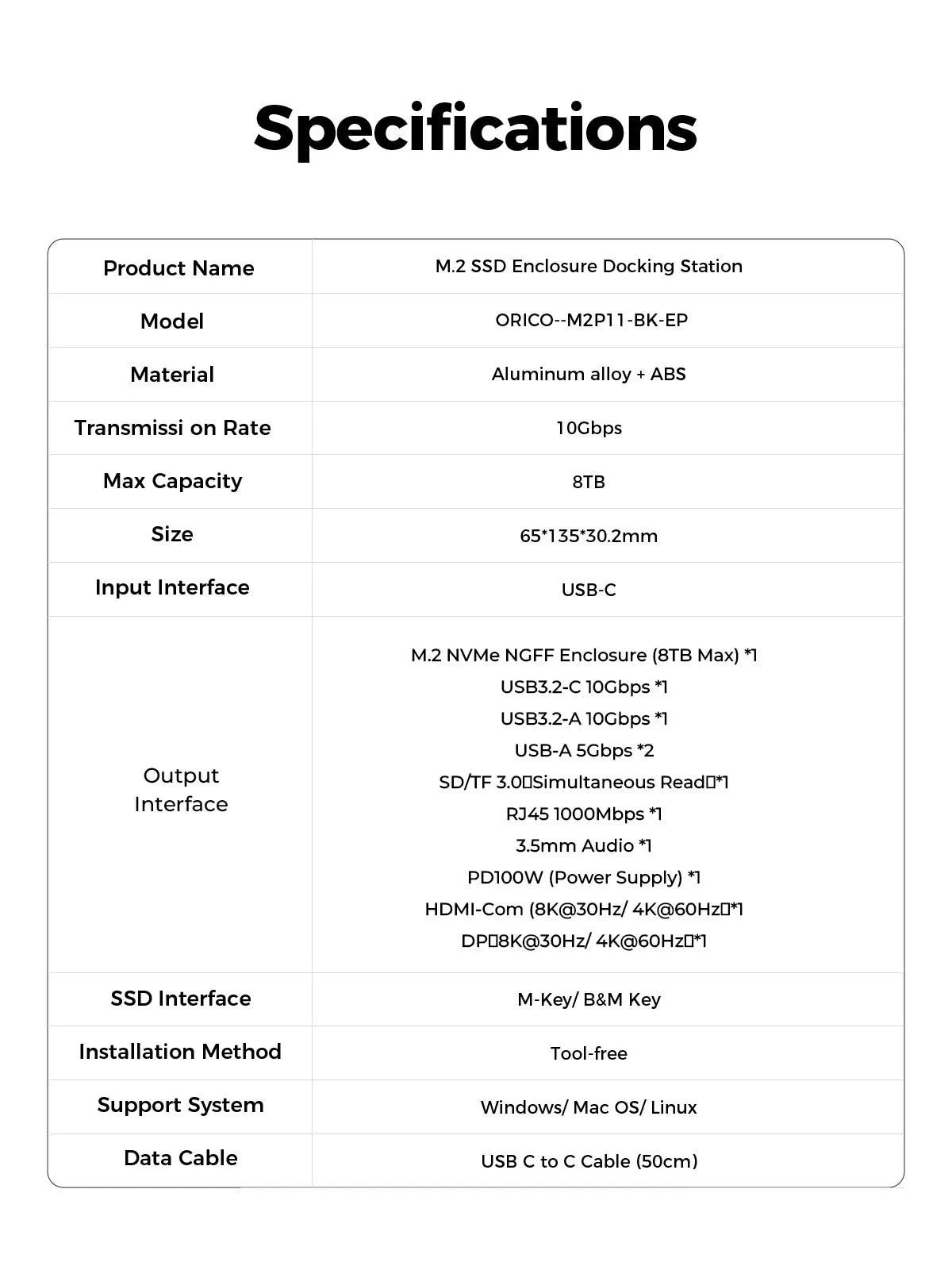 ORICO 10Gbps USB-C zaslonsko zvezdišče z ohišjem M.2 NVMe/SATA SSD, hladilnim ventilatorjem, 4K60Hz HDMI