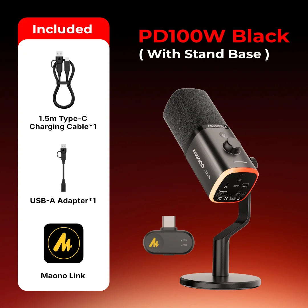 Maono PD100W – Wireless Dynamic Microphone | 50 m Range, One‑Touch Noise Reduction & RGB Lighting for Gaming, Streaming & Live Recording