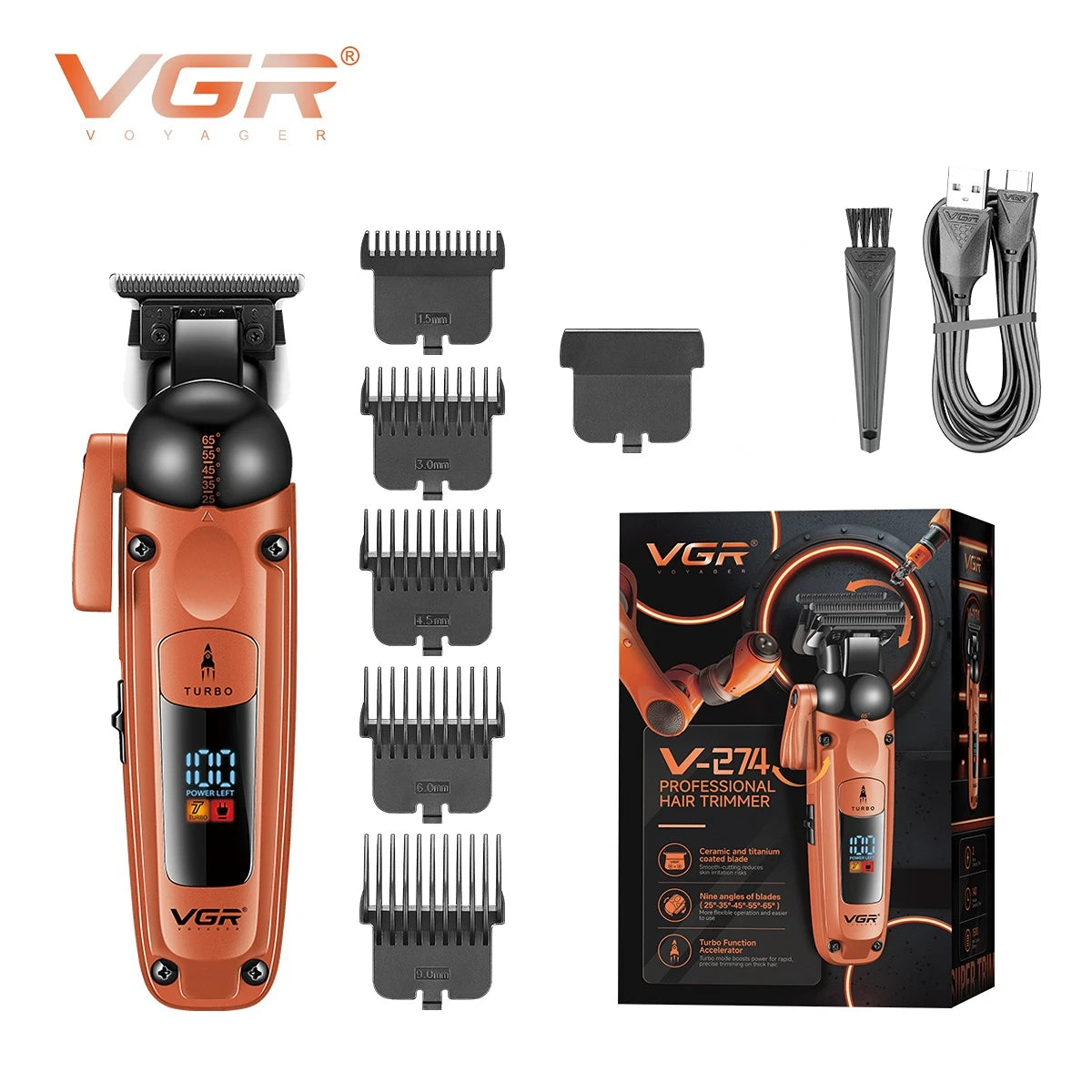 VGR V-274 Professional Hair Trimmer – Turbo Mode, 140-Min Runtime, 9 Angles