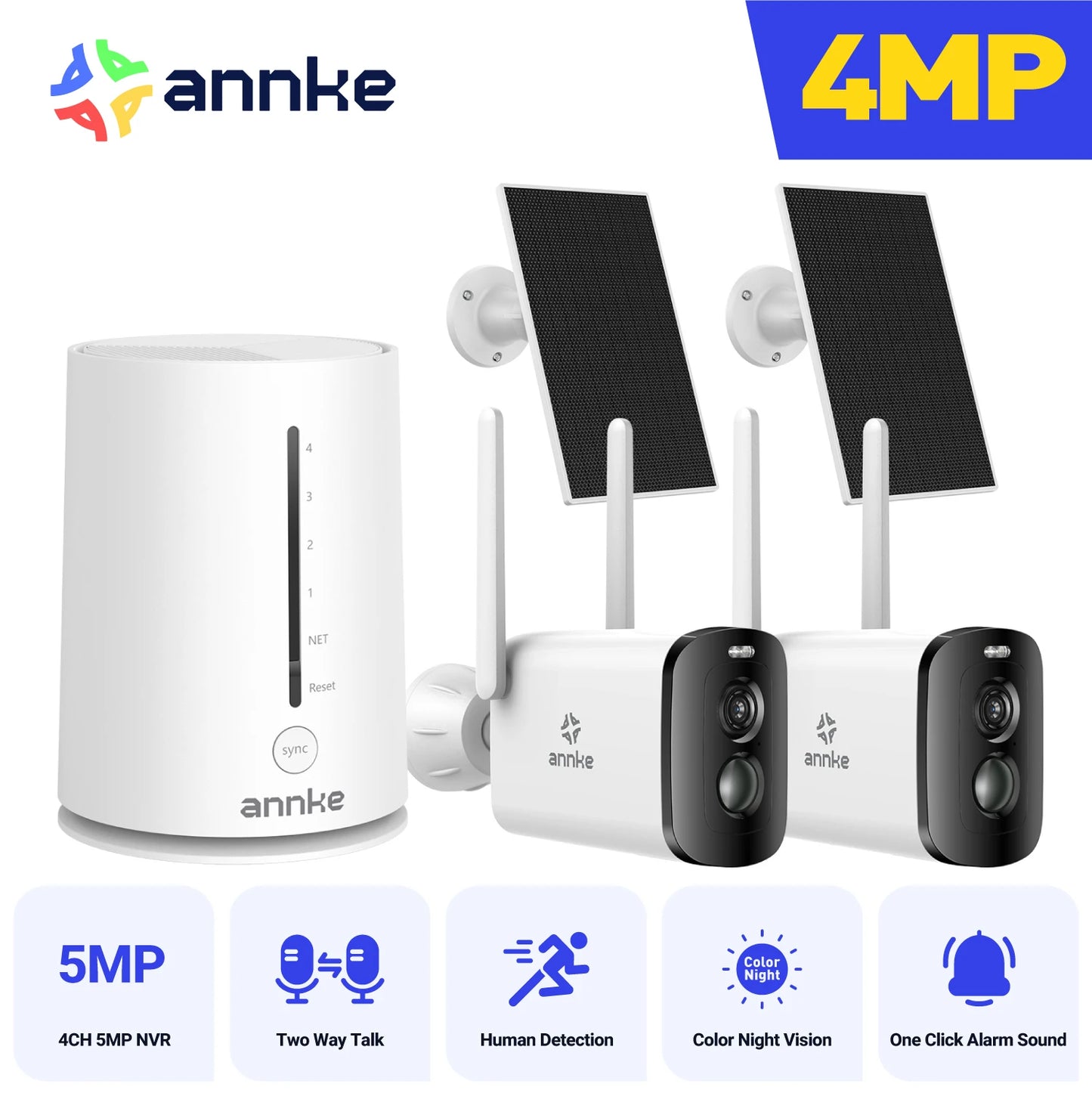 ANNKE 4MP Solar Wireless Camera System | 4CH NVR, Color Night Vision, Dual‑Band WiFi