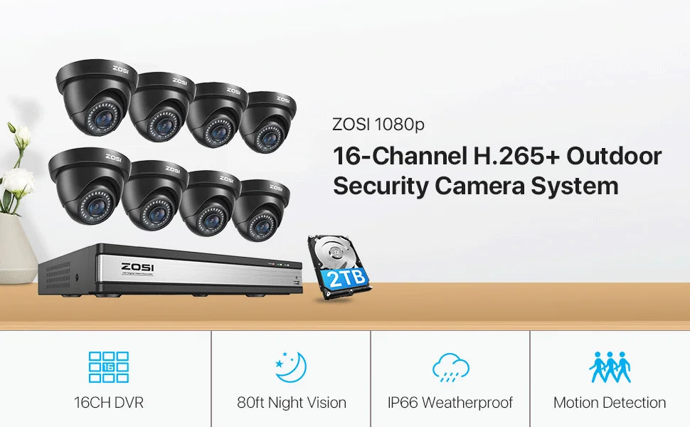 Žični varnostni sistem s kamerami ZOSI 16CH 1080p – DVR H.265+ z zaznavanjem ljudi in vozil