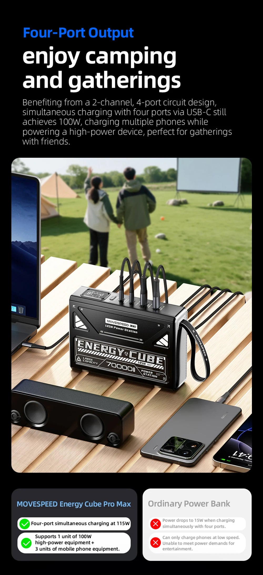 MOVESPEED 140W Power Bank 70000mAh PD3.1 Power Station za kampiranje