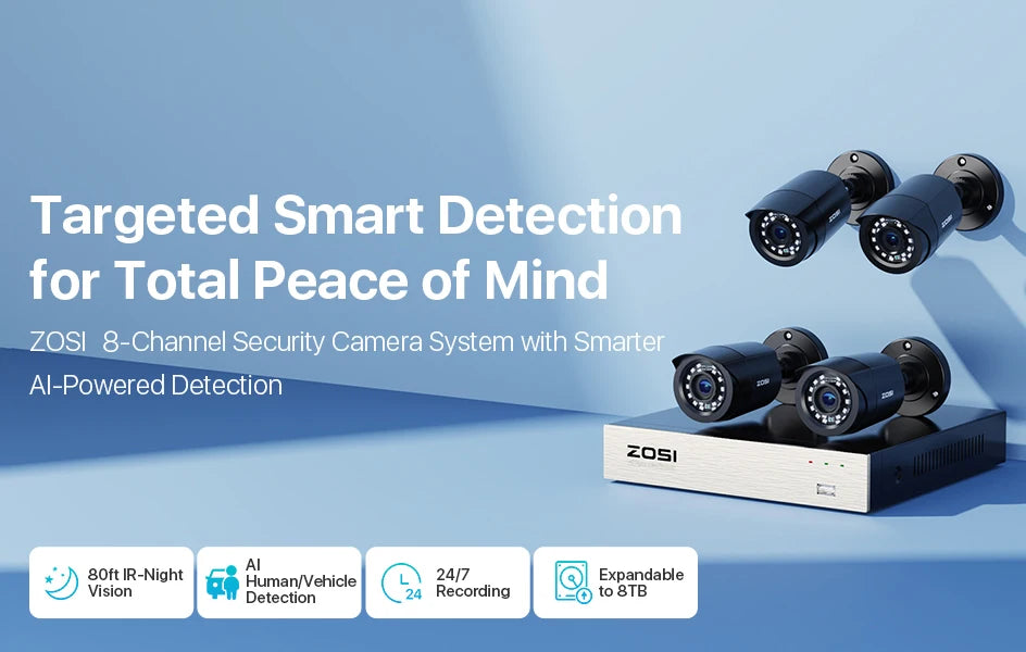Varnostni sistem CCTV ZOSI 8CH 1080P – 5MP Lite H.265+ DVR z 2/4/6/8× 2MP zunanjimi nočnimi kamerami