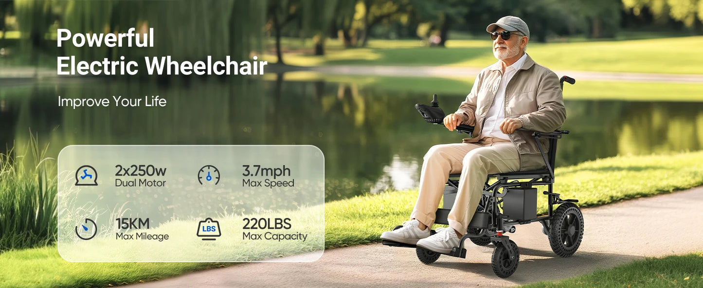 Foldable All‑Terrain Electric Wheelchair (500W, 15 km range, 3.7 mph)