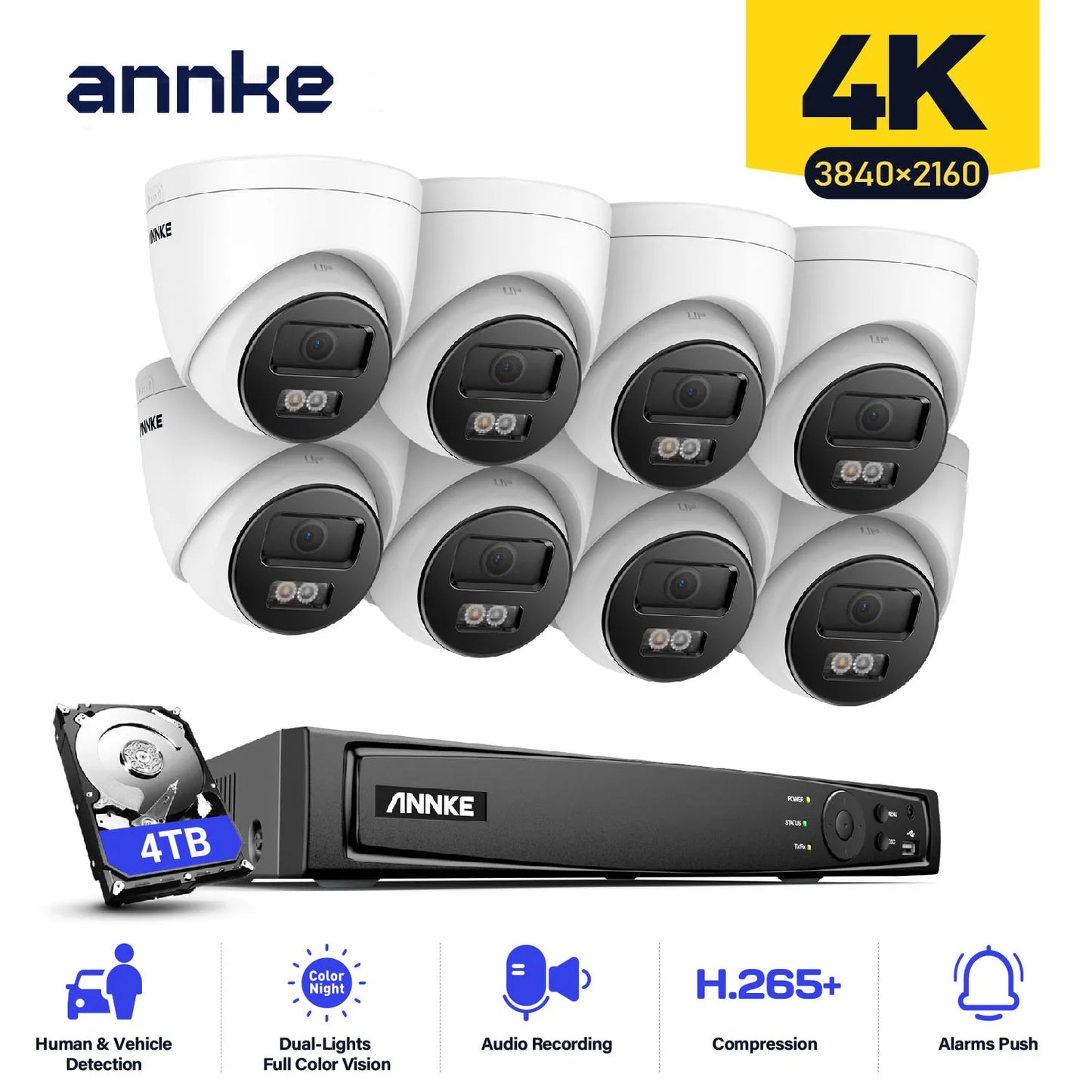 ANNKE 4K 8MP PoE CCTV sistem | 8-kanalni H.265+ NVR, 4× 8MP kamere, podpora za 128 GB TF kartico