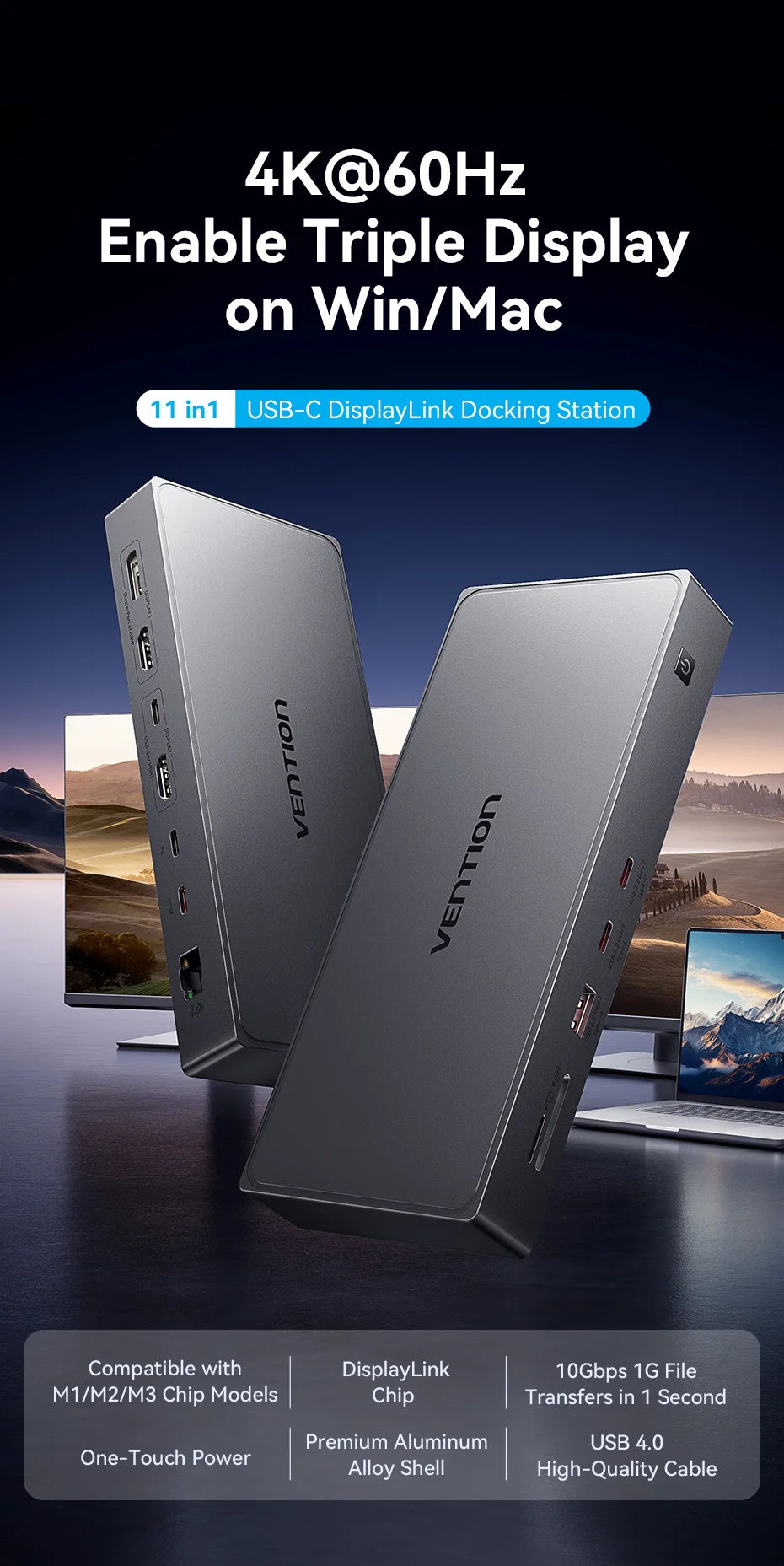 Vention USB‑C DisplayLink 11‑in‑1 Dock | 4K60Hz HDMI + DP, MST, USB 3.2, RJ45 for MacBook