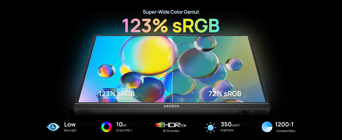 ARZOPA Z1RC 16" Portable Monitor | 2.5K 2560×1600, IPS, 100–123% sRGB, USB‑C & HDMI