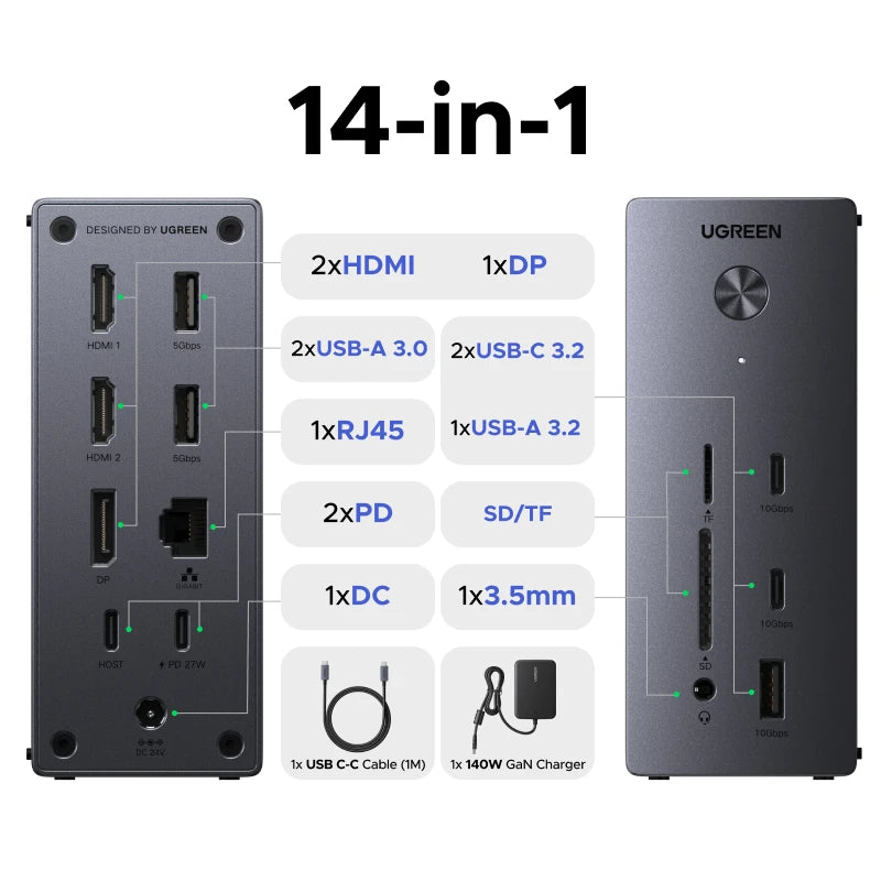UGREEN priklopna postaja USB-C 14-v-1 s trojnim zaslonom