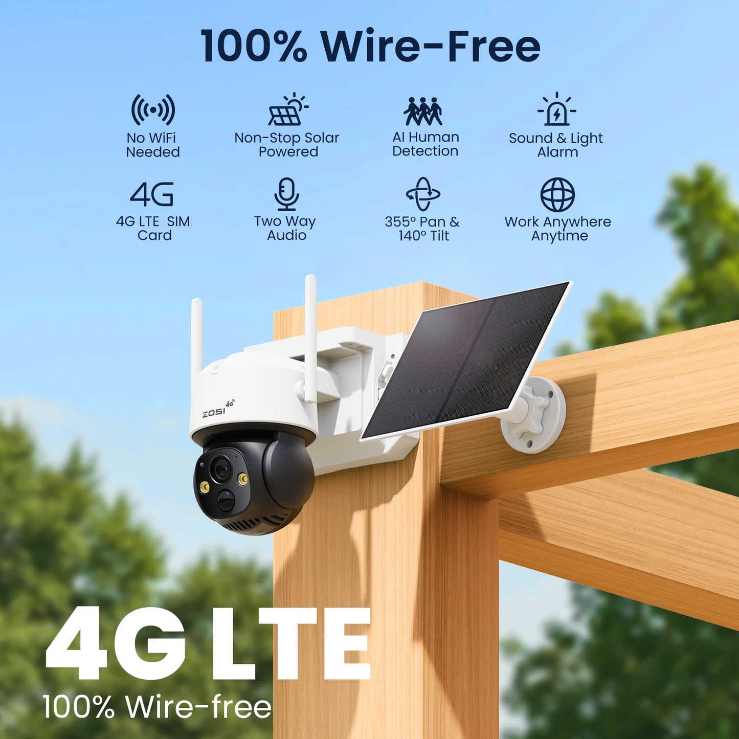 ZOSI 4MP 4G/WiFi Outdoor Battery Security Camera – Solar‑Powered 15000mAh Waterproof Smart Cam