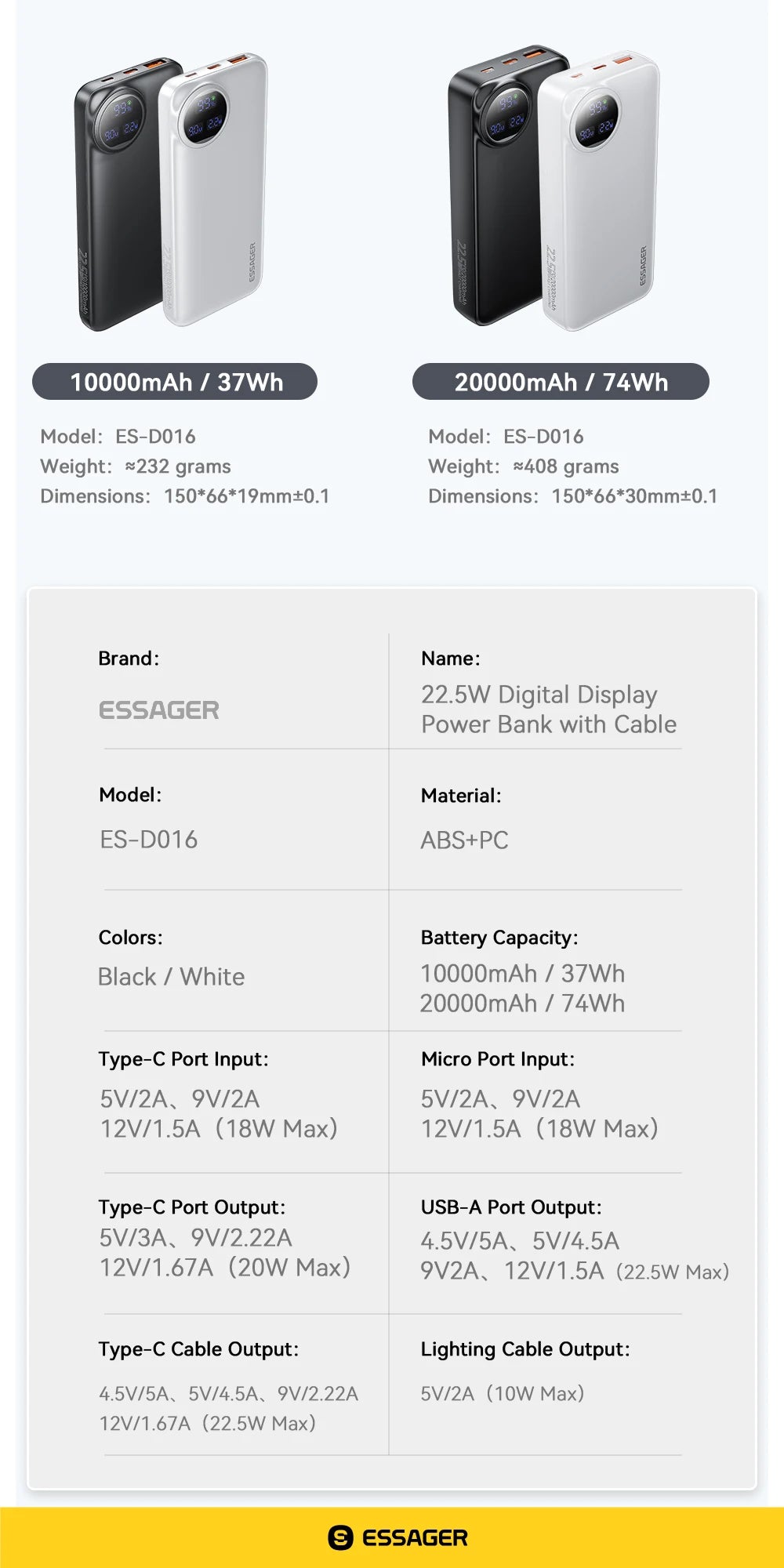 ESSAGER 30000mAh Power Bank 22.5W PD hitro prenosno polnjenje