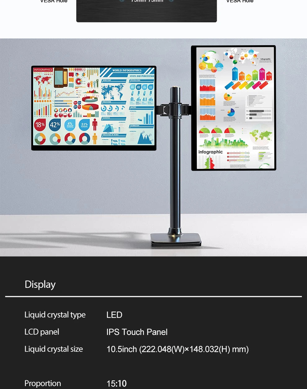 ZEUSLAP 10,5-palčni prenosni zaslon na dotik | 1920 × 1280 FHD, 100 % sRGB, IPS, Type‑C in HDMI