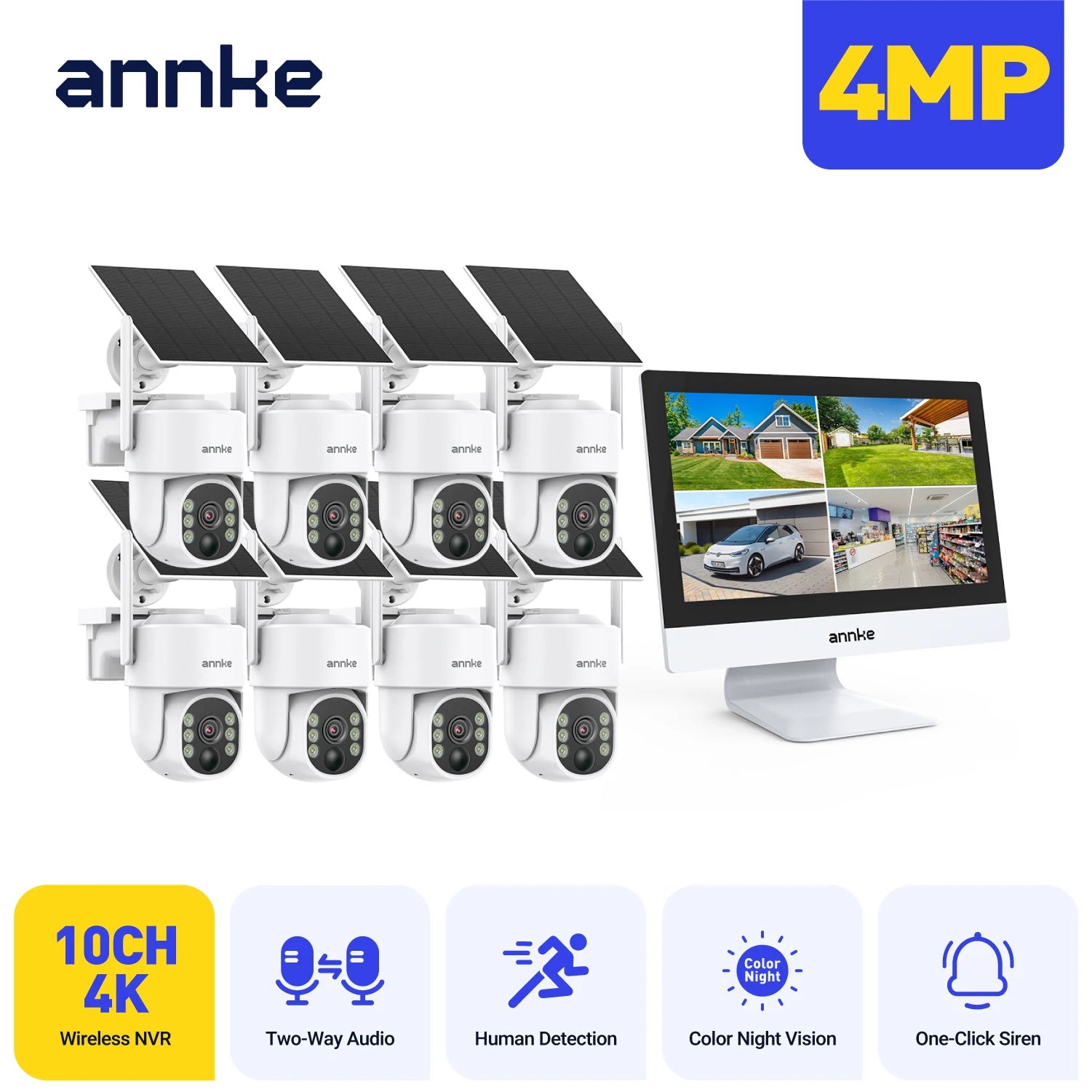 ANNKE 4MP solarni CCTV sistem | 10-kanalni NVR, 5MP PTZ WiFi kamere, PIR in barvni nočni vid