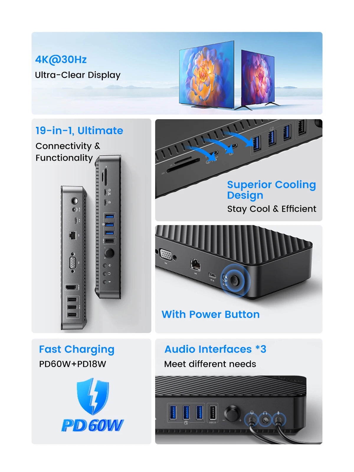 ORICO 19‑in‑1 USB‑C Desktop Docking Station with 4K HDMI, VGA, RJ45, PD Charging