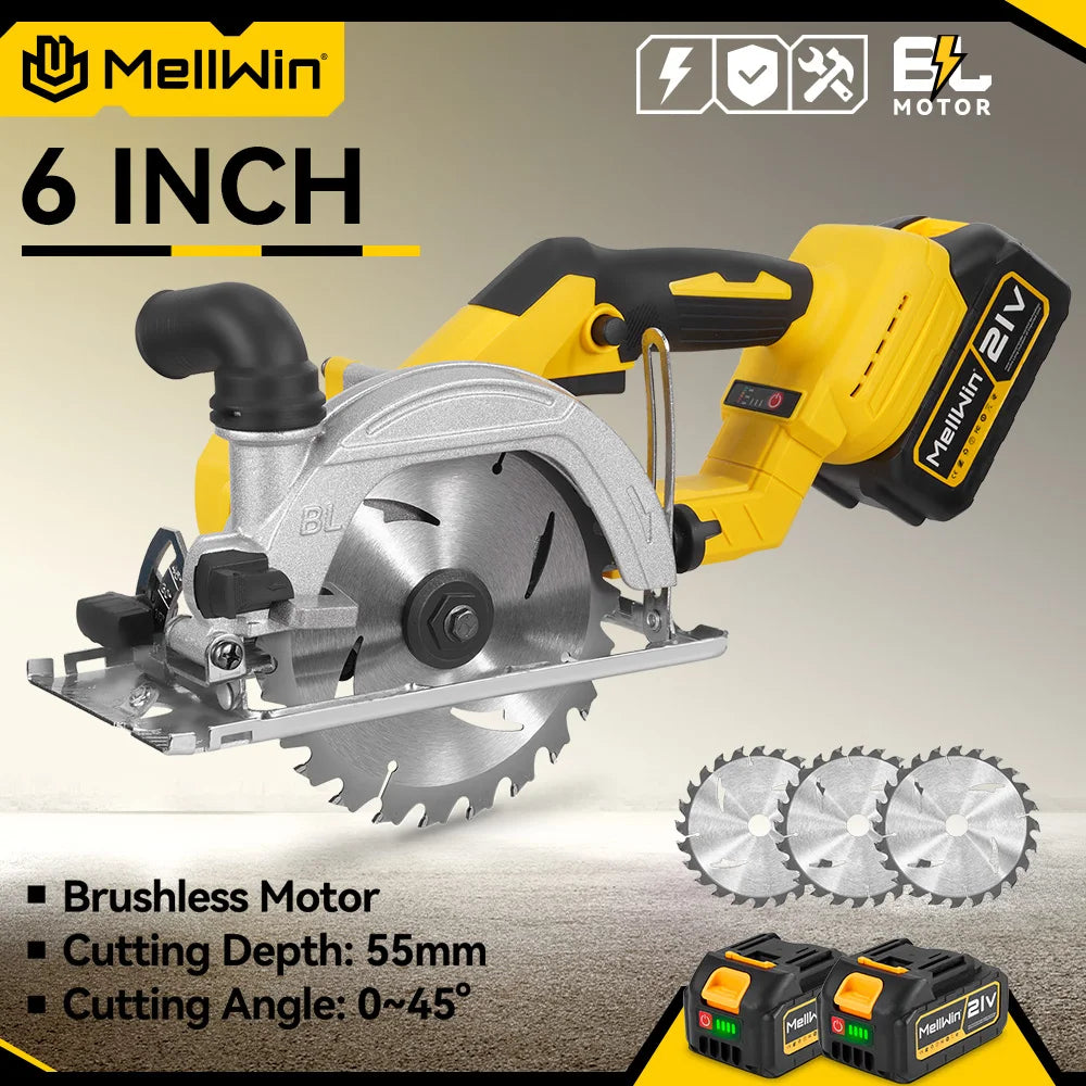 MELLWIN Brushless 6 Inch Electric Circular Saw 3 Gear Cordless Handheld Circular Saw Woodworking Tool For Makita 18V Battery Pin - Limetastore