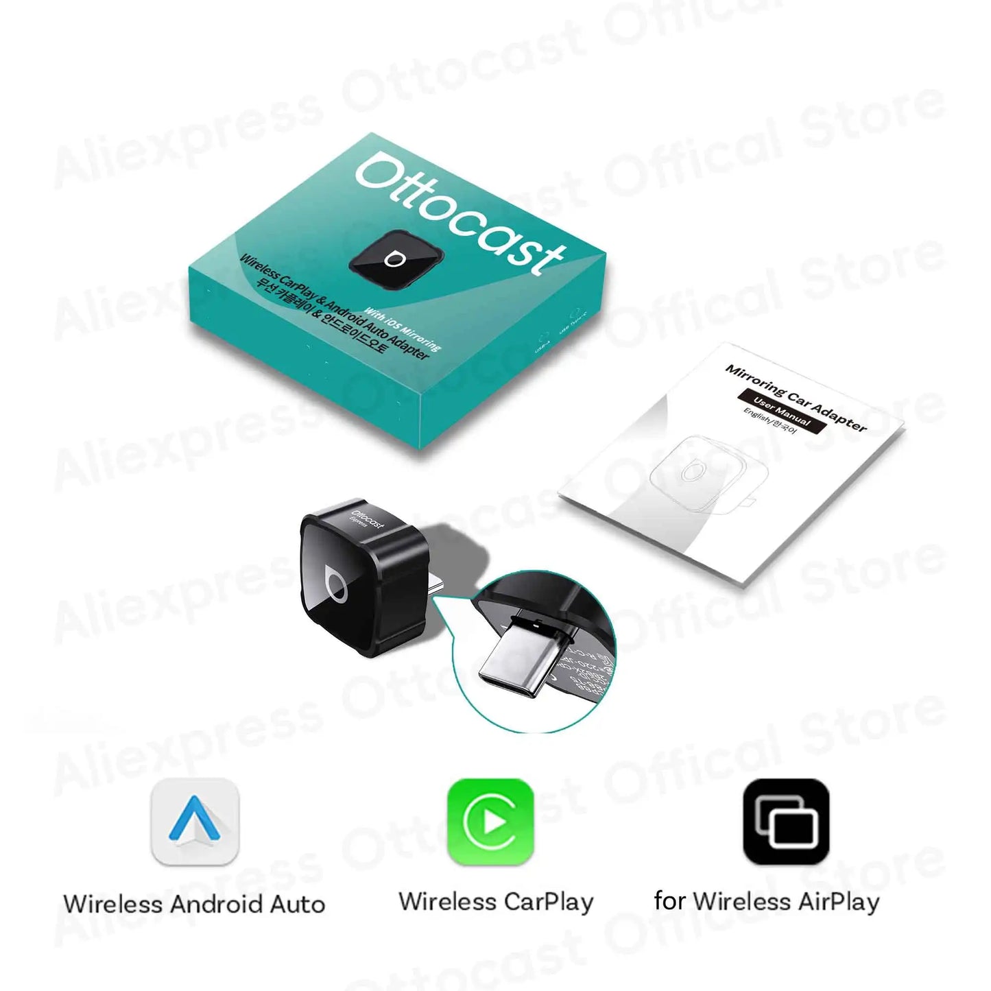 OTTOCAST 3‑in‑1 Mini Air Dongle Wireless CarPlay Adapter