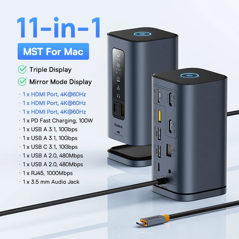 Baseus 11‑v‑1 zvezdišče USB‑C | DP 4K@60Hz, HDMI, trojni zaslon, RJ45, PD 100W, priklopna postaja USB 3.1