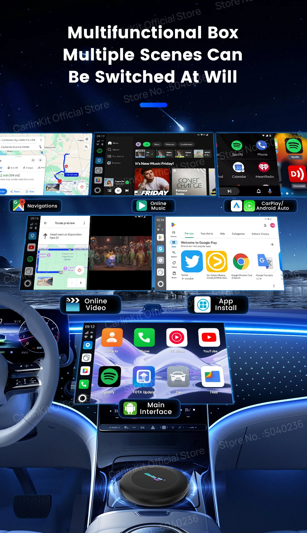 Brezžični CarPlay AI Box CarlinKit Android 15 SM6350 8+128 GB