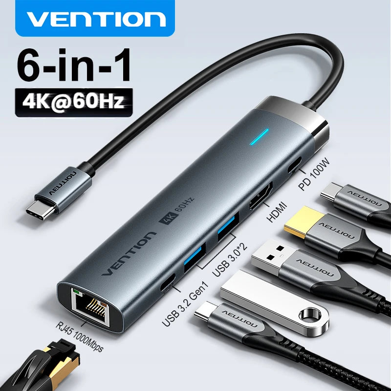 Vention zvezdišče USB‑C 6‑v‑1 | HDMI 4K, PD 100W, RJ45, priklopna postaja USB 3.0