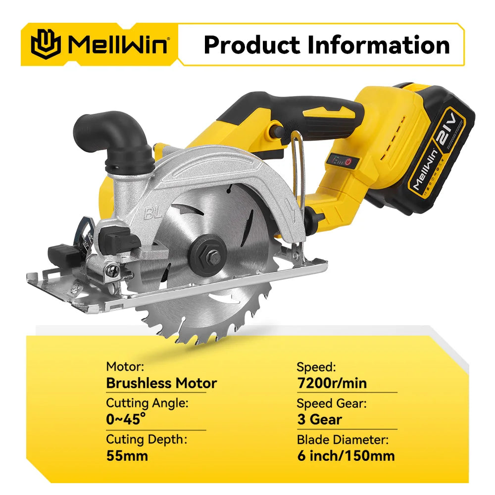 MELLWIN Brushless 6 Inch Electric Circular Saw 3 Gear Cordless Handheld Circular Saw Woodworking Tool For Makita 18V Battery Pin - Limetastore