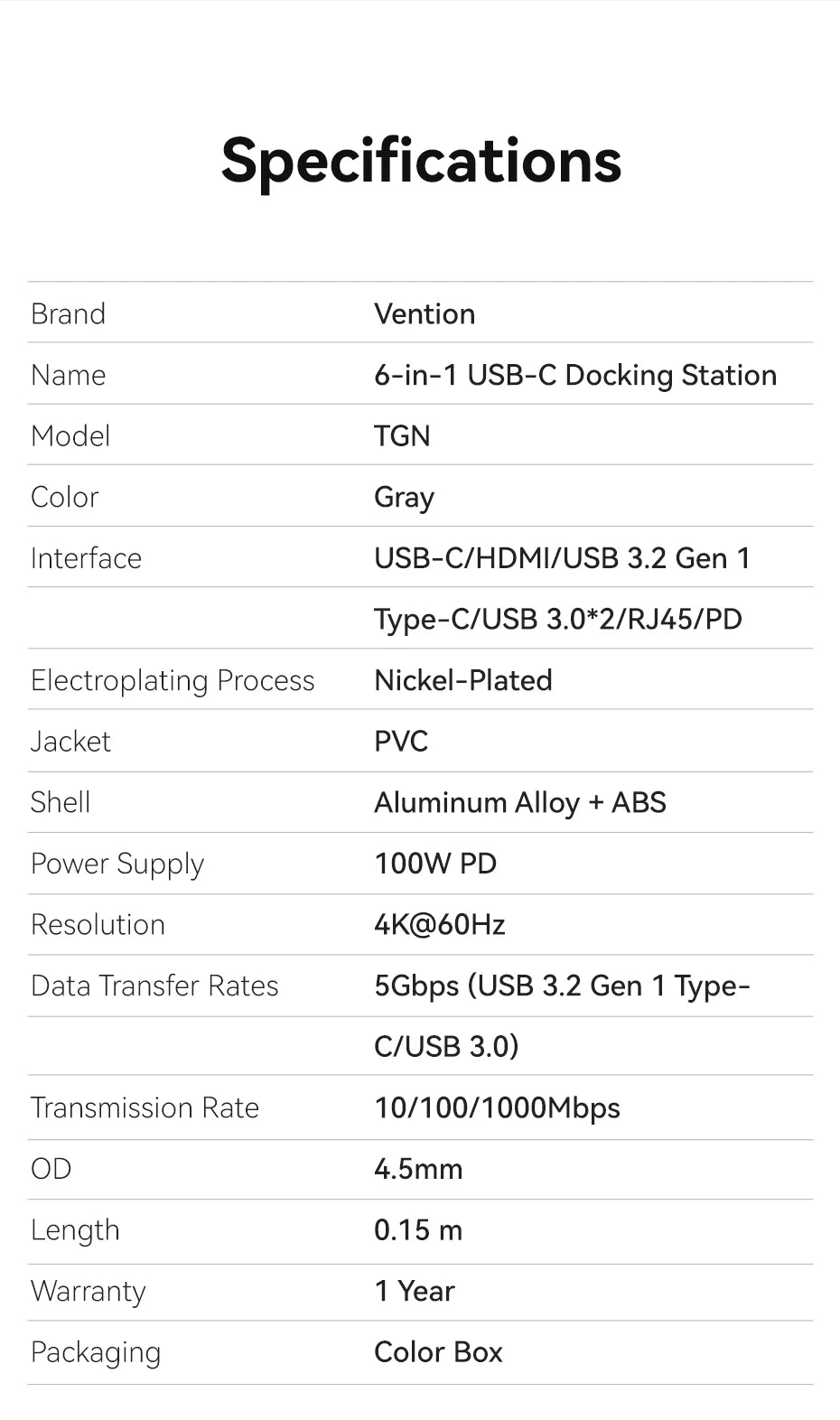 Vention zvezdišče USB‑C 6‑v‑1 | HDMI 4K, PD 100W, RJ45, priklopna postaja USB 3.0